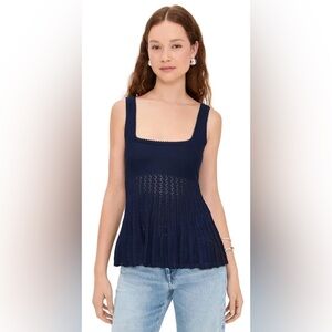 Staud Navy Blue Ellen Knit Square Neckline Peplum Babydoll Sleeveless Top